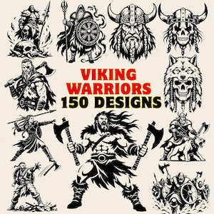 150 Viking Warriors SVG PNG-paket, nordisk skalle, varg och yxa-design (digitala nedladdningar)