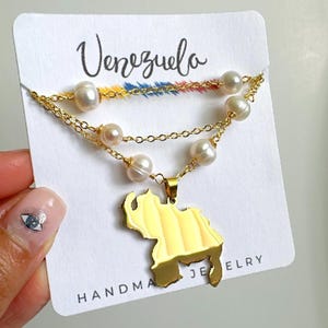 14K Goldplated Venezuelan Necklace, Venezuelan Gifts, Flag Venezuelan Jewelry, Venezuela Souvenir, Genuine Pearls
