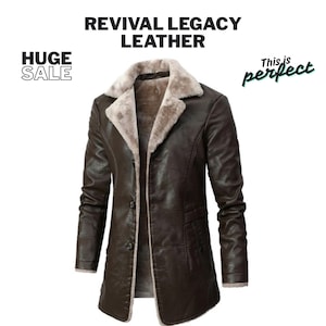 May include: A brown leather coat with a faux fur collar and lining. The coat has a button-up front and two pockets. The text "REVIVAL LEGACY LEATHER" is at the top of the image, with "HUGE SALE" on the left.
