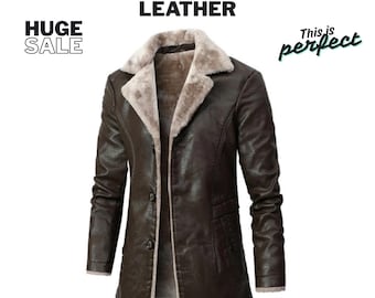May include: A brown leather coat with a faux fur collar and lining. The coat has a button-up front and two pockets. The text "REVIVAL LEGACY LEATHER" is at the top of the image, with "HUGE SALE" on the left.