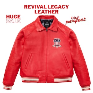 May include: A vibrant red leather jacket with a zip-up front, a classic collar, and a striped hem and cuffs. The jacket features a patch with a patriotic design. Text on the image reads "REVIVAL LEGACY LEATHER" and "HUGE SALE".