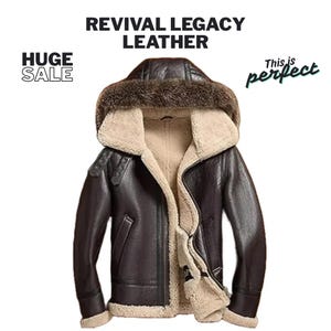 May include: A dark brown leather jacket with a fur-lined hood and a beige interior. The jacket has a zipper closure and multiple pockets. Text on the image reads "REVIVAL LEGACY LEATHER" and "HUGE SALE".