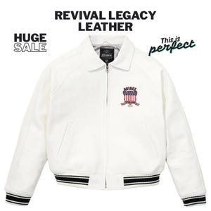 May include: White leather jacket with a collar, zipper, and black and white striped cuffs and hem. The jacket has a patch with a red, white, and blue design and the text "AVIREX". The words "REVIVAL LEGACY LEATHER" and "HUGE SALE" are also visible.