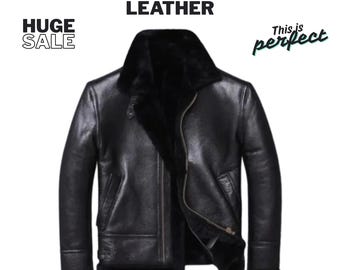 Men’s Black Shearling Aviator Jacket: Genuine Sheepskin RAF B3 Bomber