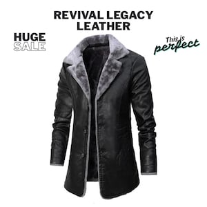 May include: Black leather coat with a gray faux fur collar and lining. The coat has a classic design with a button closure and long sleeves. The text "REVIVAL LEGACY LEATHER" is at the top of the image.