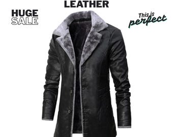 Abrigo de piel de oveja para hombre, chaqueta larga negra con forro de piel de invierno, abrigo cálido estilo piel de oveja.