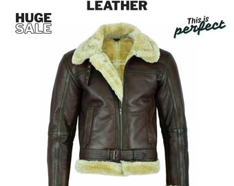 Men’s B3 Shearling Aviator Leather Jacket – RAF Bomber Style, Real Sheepskin Winter Flying Coat