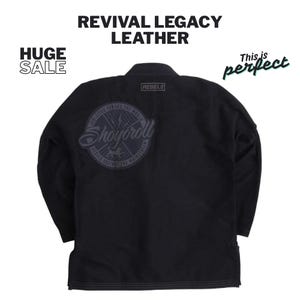 May include: Black Jiu-Jitsu gi with a large Shoyoroll patch on the back. The gi has the word "REBELS" on the upper back. The image also includes the text "REVIVAL LEGACY LEATHER", "HUGE SALE", and "This is perfect".
