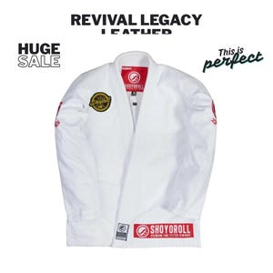 May include: White martial arts uniform with red and gold detailing. The uniform displays the text "REVIVAL LEGACY" and "SHOYOROLL". A "HUGE SALE" banner is visible in the upper left corner. The words "This is perfect" are also visible.