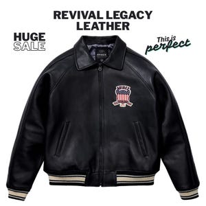 May include: Black leather jacket with a zip closure, a collar, and a patch on the chest. The jacket has white and beige striped cuffs and hem. Text on the image reads "REVIVAL LEGACY LEATHER" and "HUGE SALE".