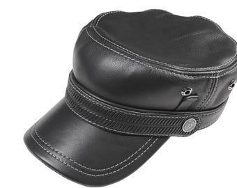 Black Leather Military Cap: Biker Rocker Style with White Stitching