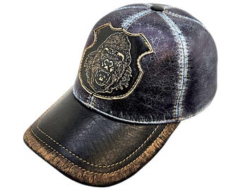 Handmade Leather Baseball Cap with Blue Denim-Effect Leather and Embossed Gorilla Patch