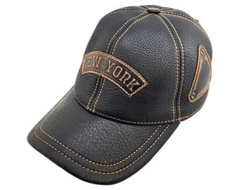 Handmade Italian Leather Biker Hat: Black Motorcycle Cap with New York Patch