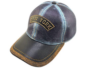 Distressed Leather Biker Hat: Handmade Italian Leather "New York" Cap