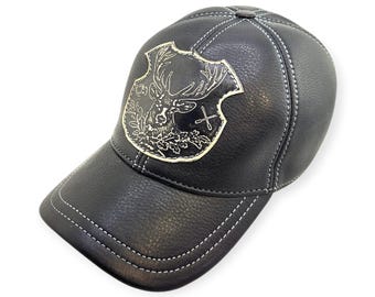 Handgefertigte italienische Leder Jagdkappe: Hirsch Emblem, Jäger Geschenk