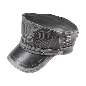 Black Leather Biker Style Skull Cap with Winged Design & Metal Rivets - Gothic Punk Hat