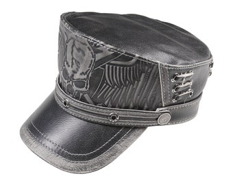 Black Leather Biker Cap: Gothic Skull & Winged Design