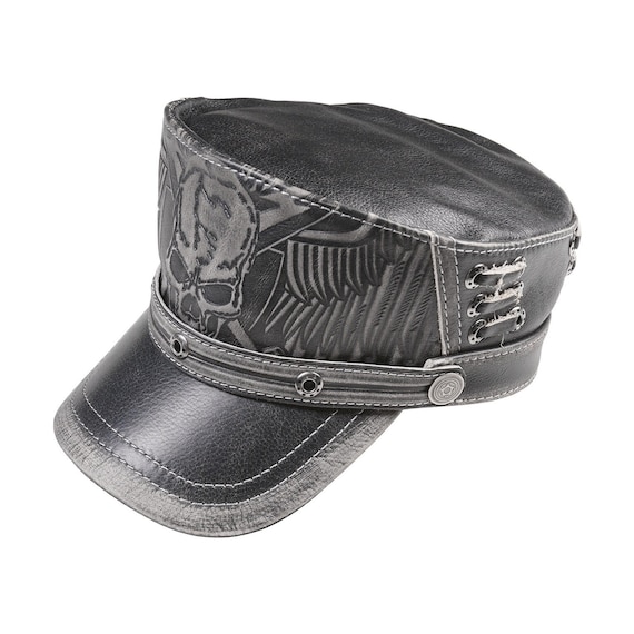 Black Leather Biker Cap: Gothic Skull & Winged Design