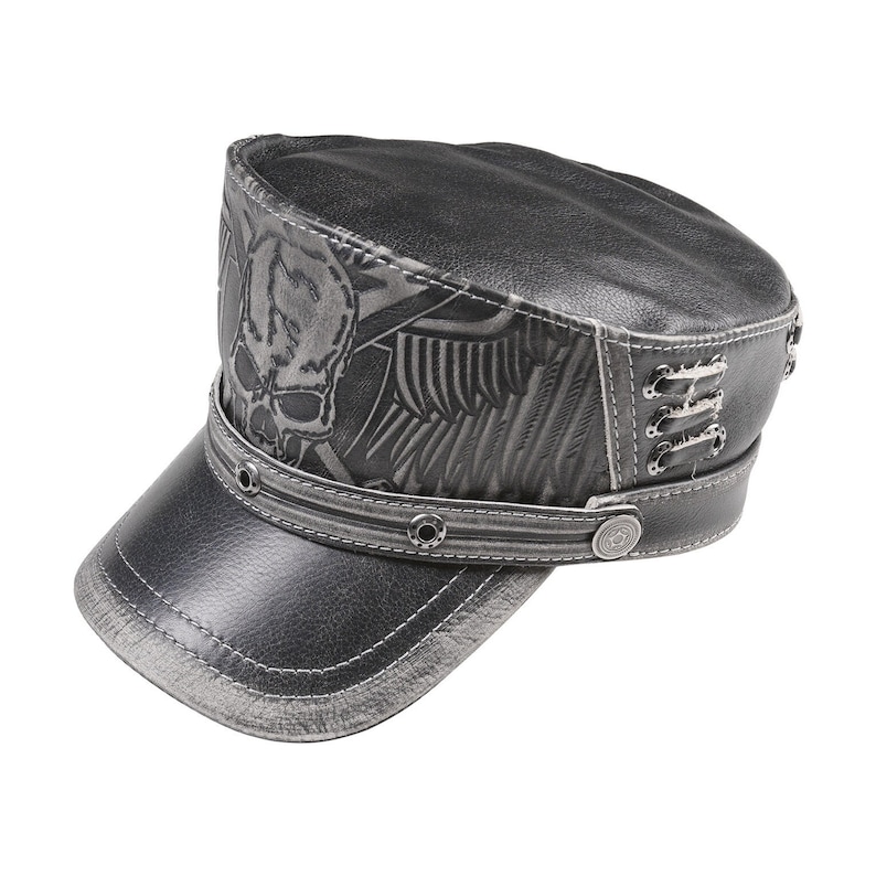 Black Leather Biker Style Skull Cap with Winged Design & Metal Rivets - Gothic Punk Hat