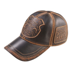 Boar Hunter Black Leather Cap: Embossed Hunting Patches