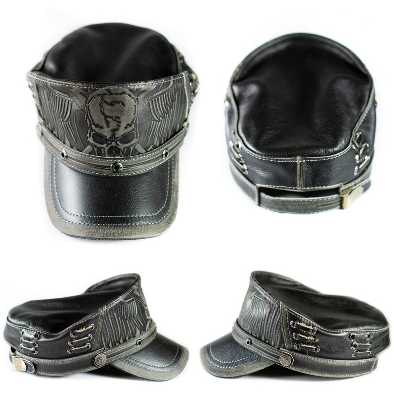 May include: A black leather cap with a skull and wings design. The cap has a brim and a strap with a buckle. The cap is made of genuine leather and has a distressed look.