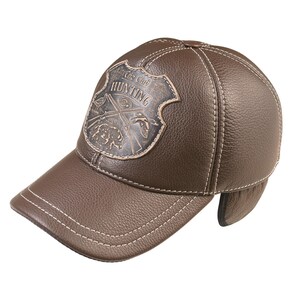 Leather Hunting Baseball Cap: Brown Cowhide with Ear Flaps