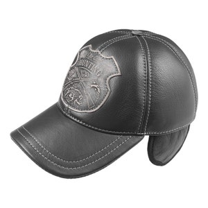 Leather Hunting Cap: Handcrafted Black Baseball Cap with Ear Flaps