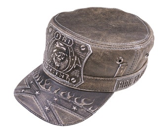 Vintage Biker Leather Cap: "Old Rebel" Skull, Metal Accents
