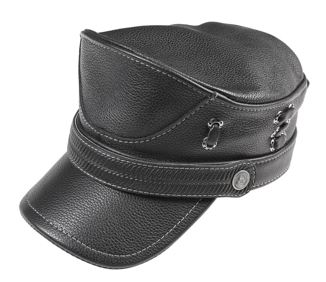 帽子 S lace up hunting cap black Leather Biker Hat: Handmade Black Motorcycle Cap for Men