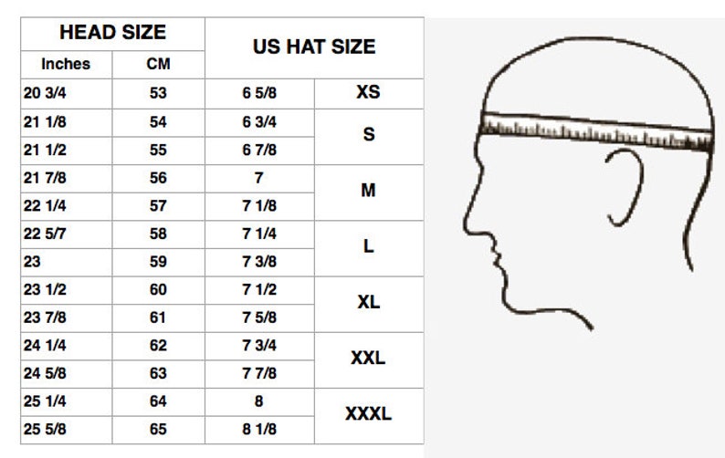 May include: A chart showing head size in inches and centimeters, and corresponding US hat sizes. The chart shows sizes from XS to XXXXL, with corresponding head sizes ranging from 20 3/4 inches to 25 5/8 inches.