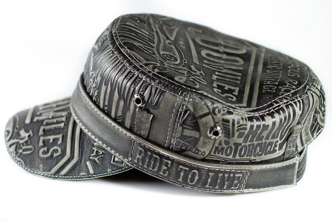 DIESEL REBOOT-BLACK-BIKER-CAP Embossed Leather Biker Cap: Vintage