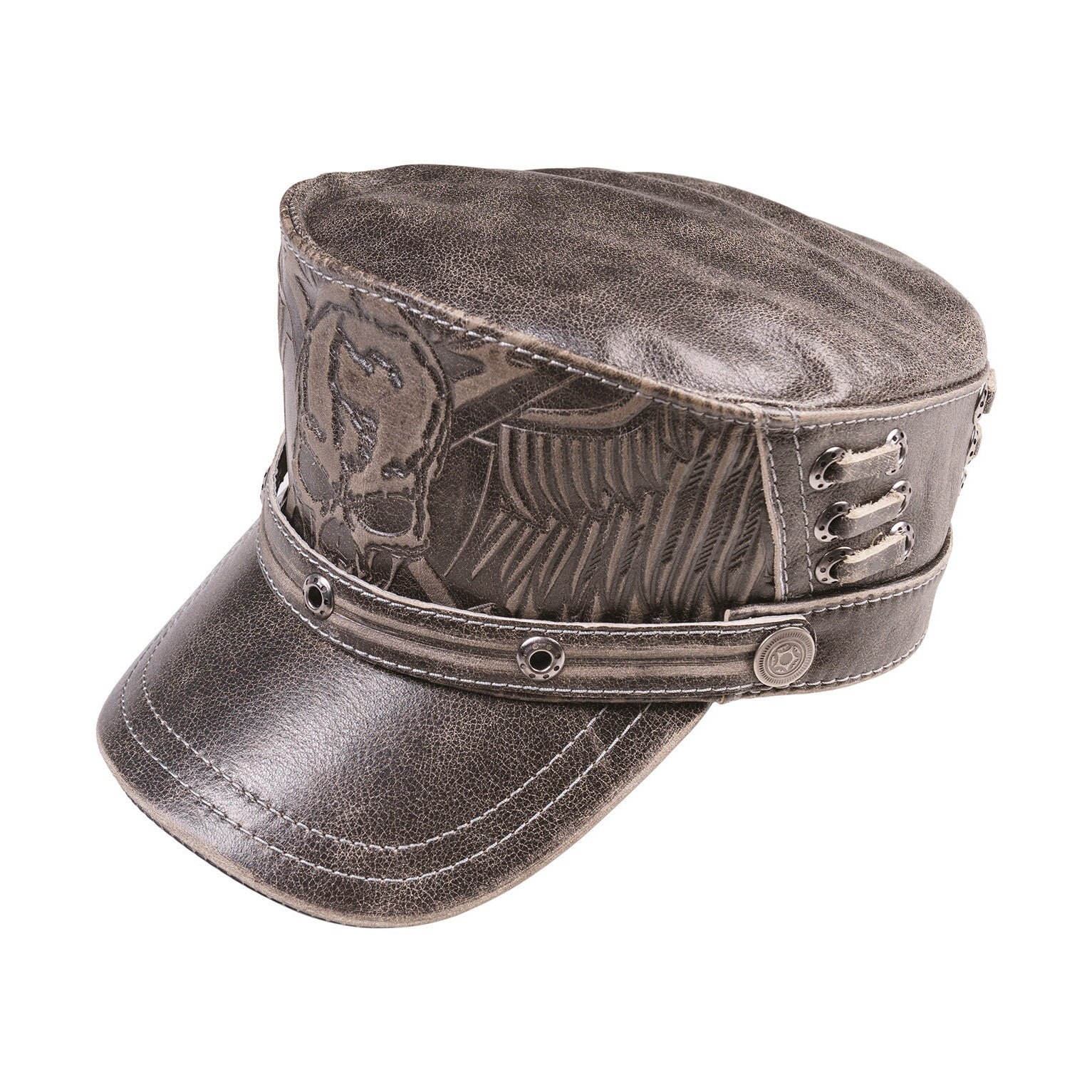 Gray Leather Biker Cap: Gothic Skull & Winged Design - Etsy