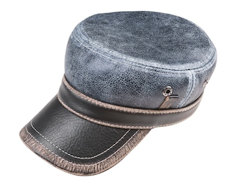 Vintage Distressed Denim Pattern Leather Cap: Minimalist Military Biker Hat