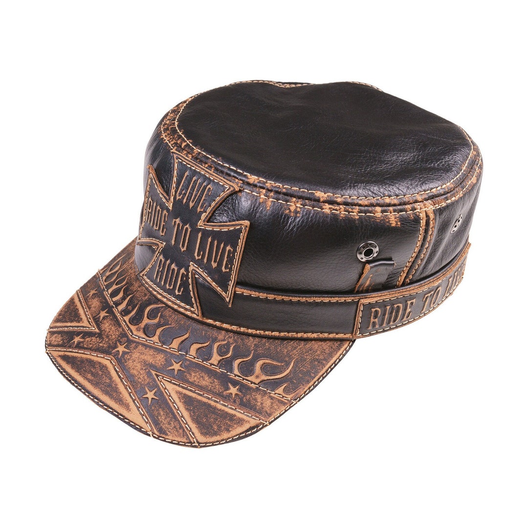 Handcrafted Leather Biker Cap: Embossed Iron Cross & Flame Design - Etsy
