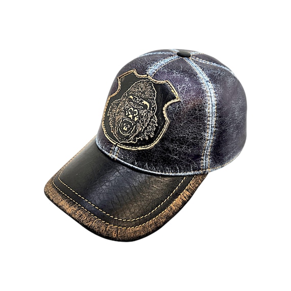 Handmade Leather Baseball Cap With Blue Denim-effect Leather  display picture 1