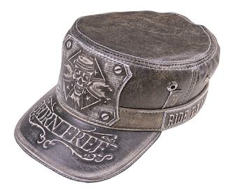 Handmade Distressed Leather Biker Cap: Skull Design, Rebel Spirit