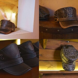 May include: Four different leather baseball caps with various designs. The caps are brown, black, and tan with different stitching and embellishments. One cap has the text "500 Miles" on it.