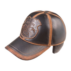 Leather Hunting Baseball Cap: Handcrafted Cowhide with Ear Flaps