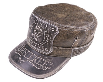 Vintage Biker Leather Cap: "Old Rebel" Skull, Metal Accents