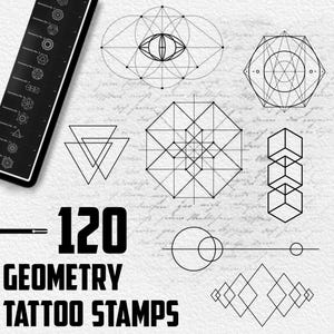 Könnte beinhalten: Eine Abbildung mit geometrischen Tattoo-Stempel-Designs. Die Designs umfassen verschiedene Formen wie Dreiecke, Sechsecke und Würfel, alle in schwarzen Linien. Der Text "120 GEOMETRY TATTOO STAMPS" ist in fetter, schwarzer Schrift prominent dargestellt.