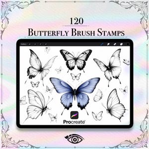 May include: A digital tablet screen displaying 120 butterfly brush stamps for Procreate. The stamps are in black and white and blue, and are arranged in a grid pattern. The text "120 Butterfly Brush Stamps" is displayed at the top of the screen.