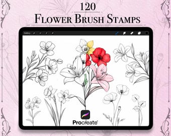 May include: A digital illustration of 120 flower brush stamps for Procreate. The image shows a variety of flowers, including lilies, poppies, and daisies, in black and white line art. The text "120 FLOWER BRUSH STAMPS" is displayed at the top of the image.
