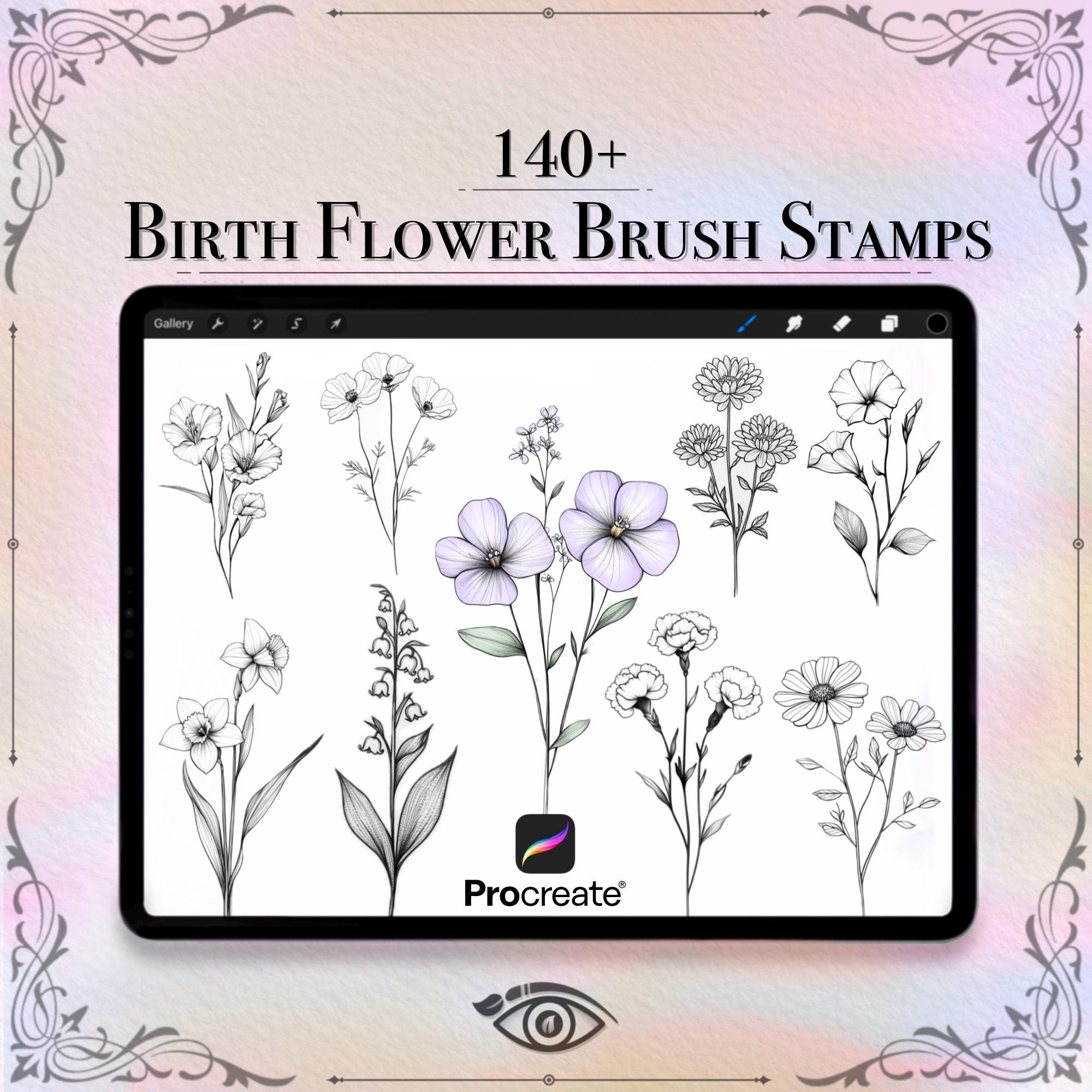 Procreate Birth Flower Brush Stamps | 140+ Botanical Tattoo-Style Procreate Brushes