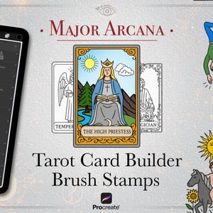 May include: Digital art featuring a tablet displaying a brush library, with the text "Major Arcana" and "Tarot Card Builder Brush Stamps." The image includes tarot card illustrations, including "The High Priestess."