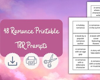 48 Romance Printable TBR Prompts, Fun Reading Challenge Cards for Book Lovers, Digital Bookish Prompts, Instant Download PDF for Readers