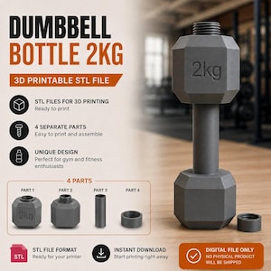 Pode incluir: Um arquivo STL imprimível em 3D para uma garrafa em formato de haltere. O design apresenta um peso cinza de formato hexagonal com 2kg gravado na lateral. O arquivo digital inclui quatro peças separadas para montagem, incluindo uma tampa.