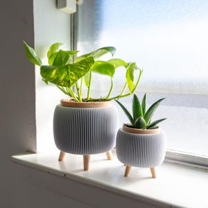 May include: Two gray, ribbed planters with wooden legs sit on a windowsill. One planter holds a leafy green plant with yellow variegation, and the other holds a smaller succulent. The planters have a light brown rim.