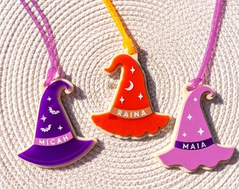 Personalized Acrylic Witch Hat Halloween Bag Tag, Laser-Cut Name Tag (Boo Basket)