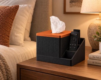 Modern Tissue Box Cover with Remote Holder, Minimalist Coffee Table Organizer, 3-Slot Remote Caddy, Japandi Living Room Decor