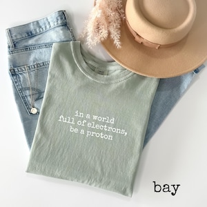 May include: Sage green t-shirt with the text "in a world full of electrons, be a proton" in white. The shirt is laid on top of light blue jeans, with a tan hat and dried flowers in the background.